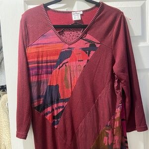 parsley & sage xl top tunic shirt red artsy art 3/4 sleeves lagenlook strech